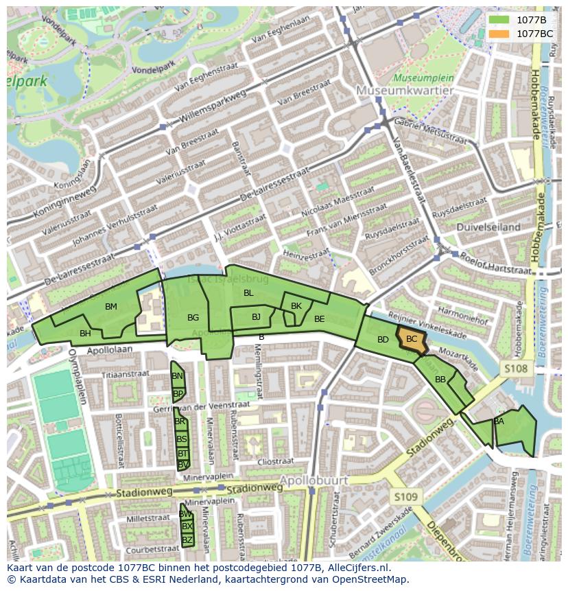 Afbeelding van het postcodegebied 1077 BC op de kaart.