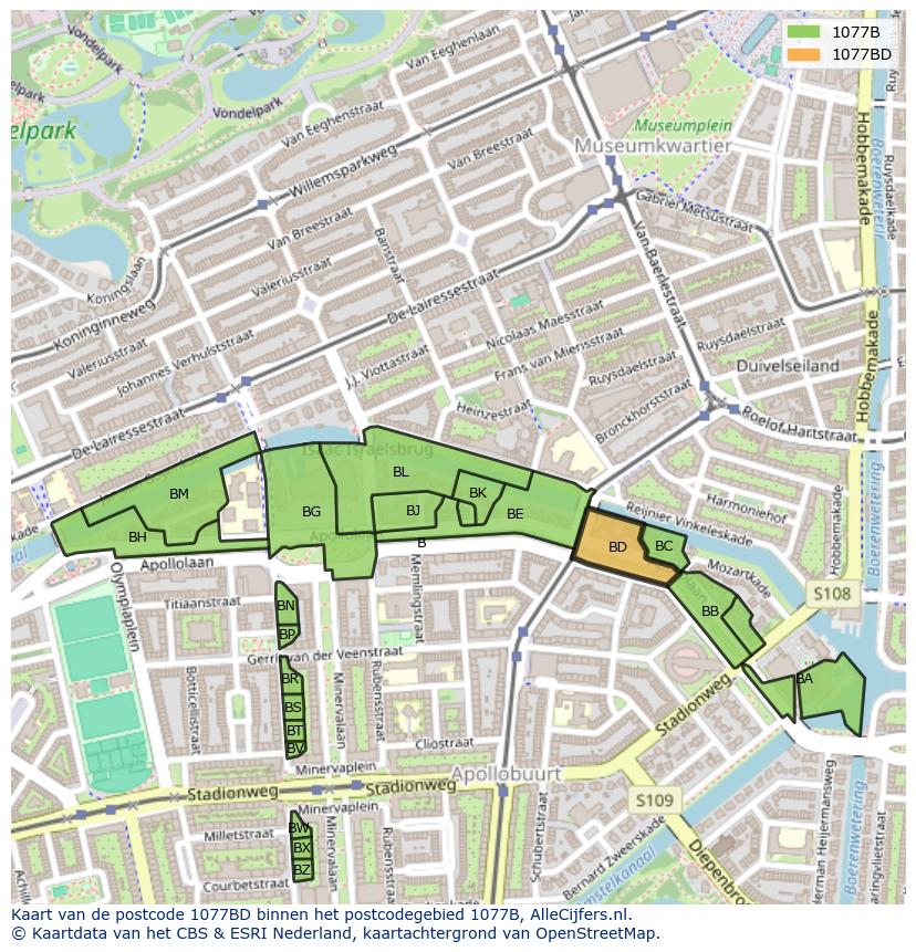 Afbeelding van het postcodegebied 1077 BD op de kaart.