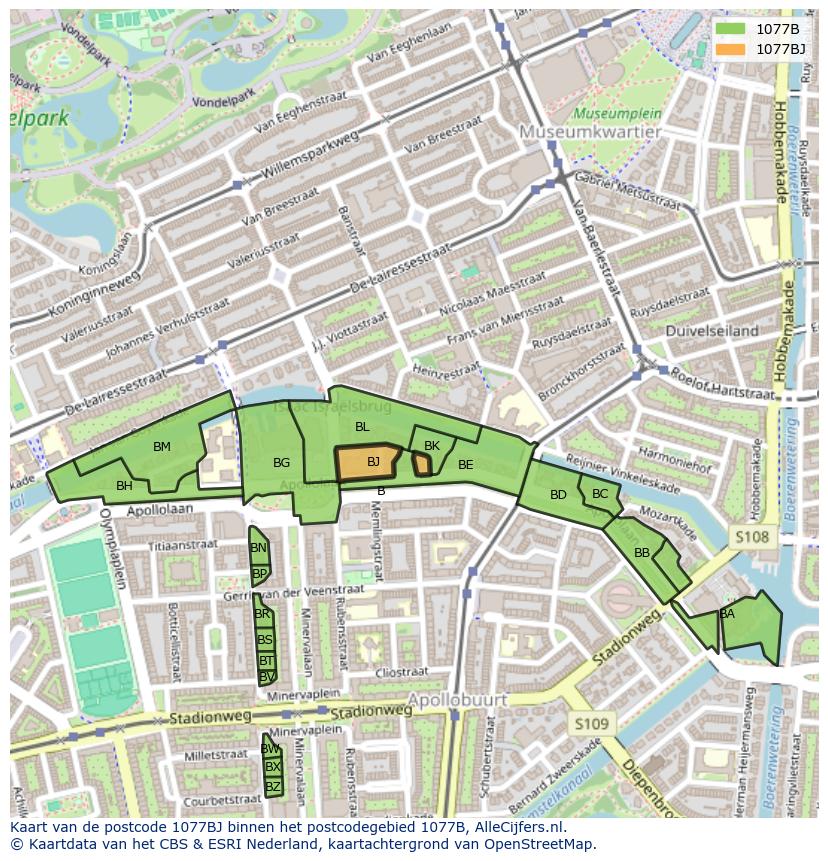 Afbeelding van het postcodegebied 1077 BJ op de kaart.