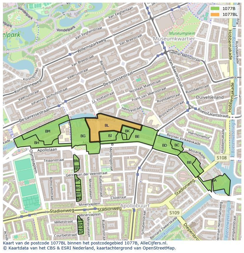 Afbeelding van het postcodegebied 1077 BL op de kaart.