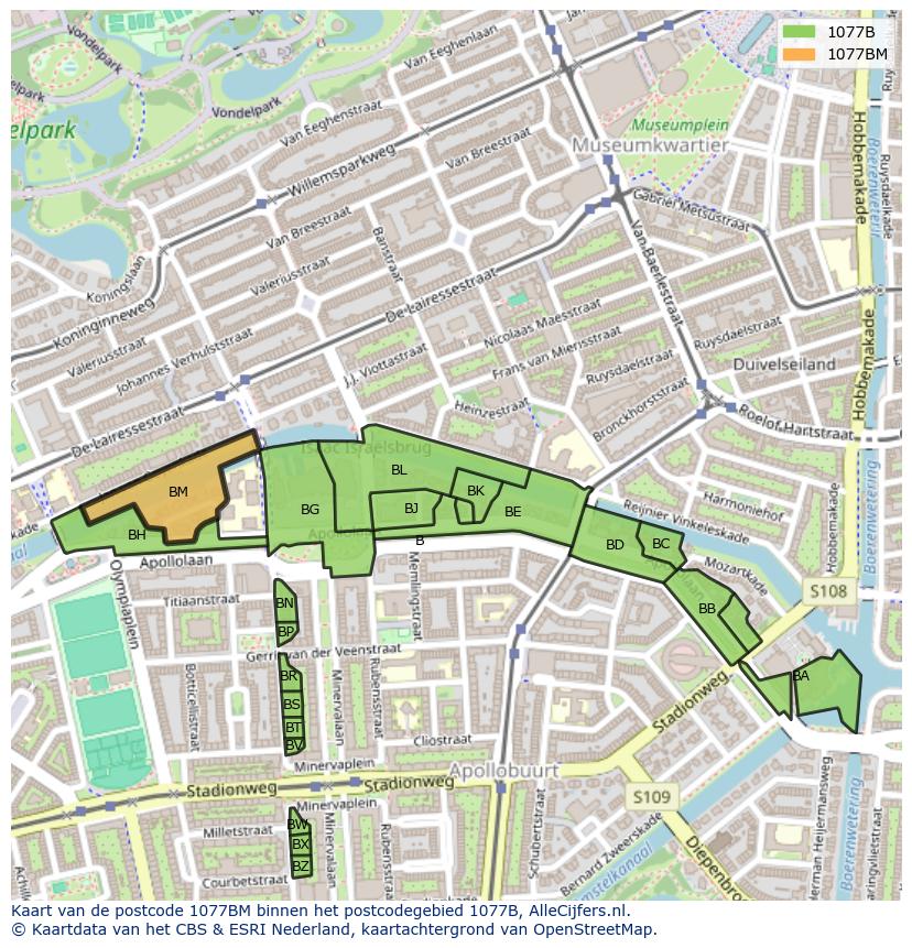 Afbeelding van het postcodegebied 1077 BM op de kaart.