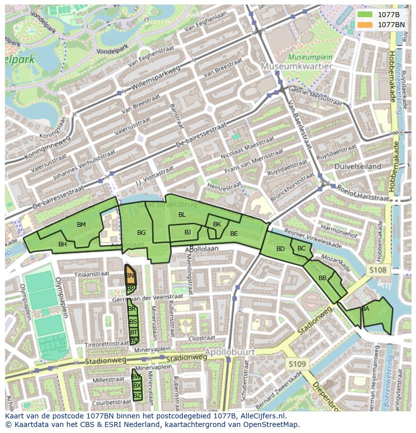 Afbeelding van het postcodegebied 1077 BN op de kaart.