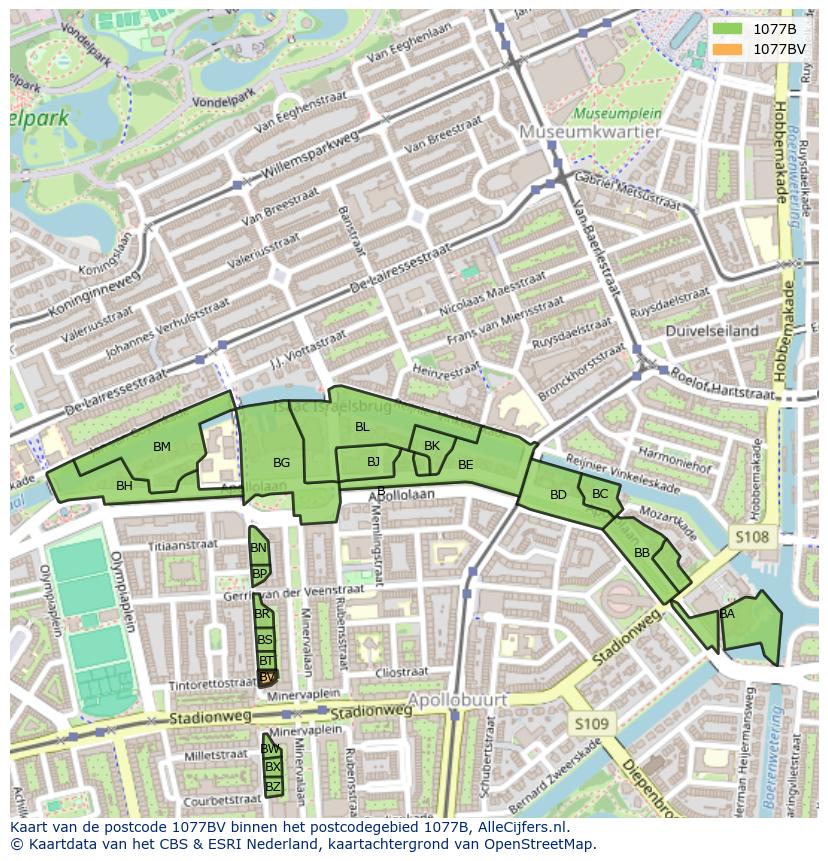 Afbeelding van het postcodegebied 1077 BV op de kaart.
