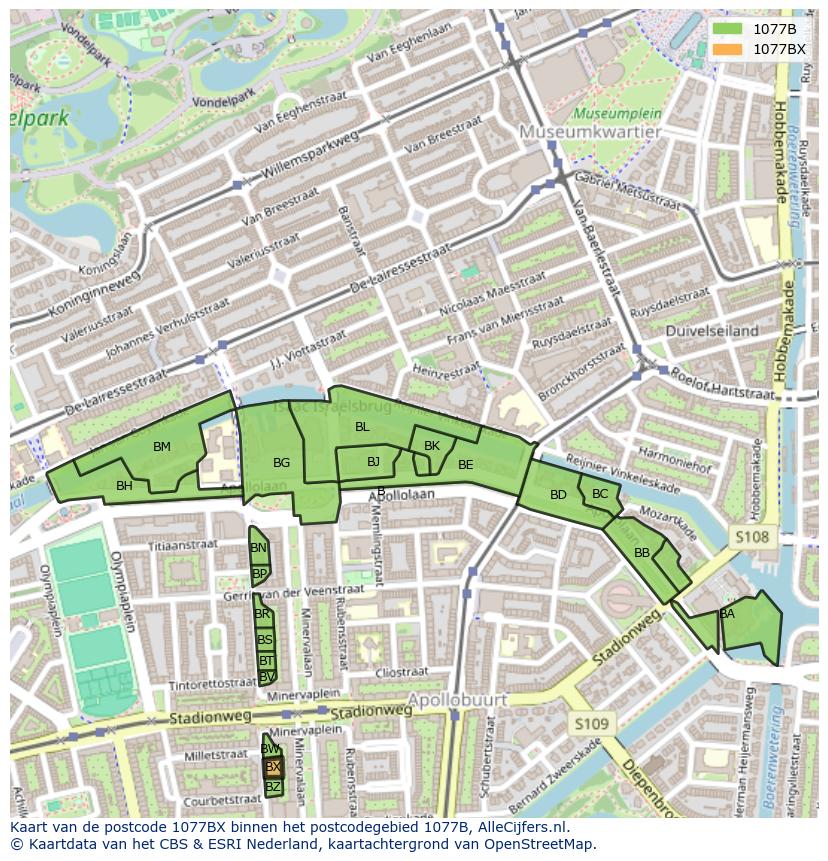 Afbeelding van het postcodegebied 1077 BX op de kaart.