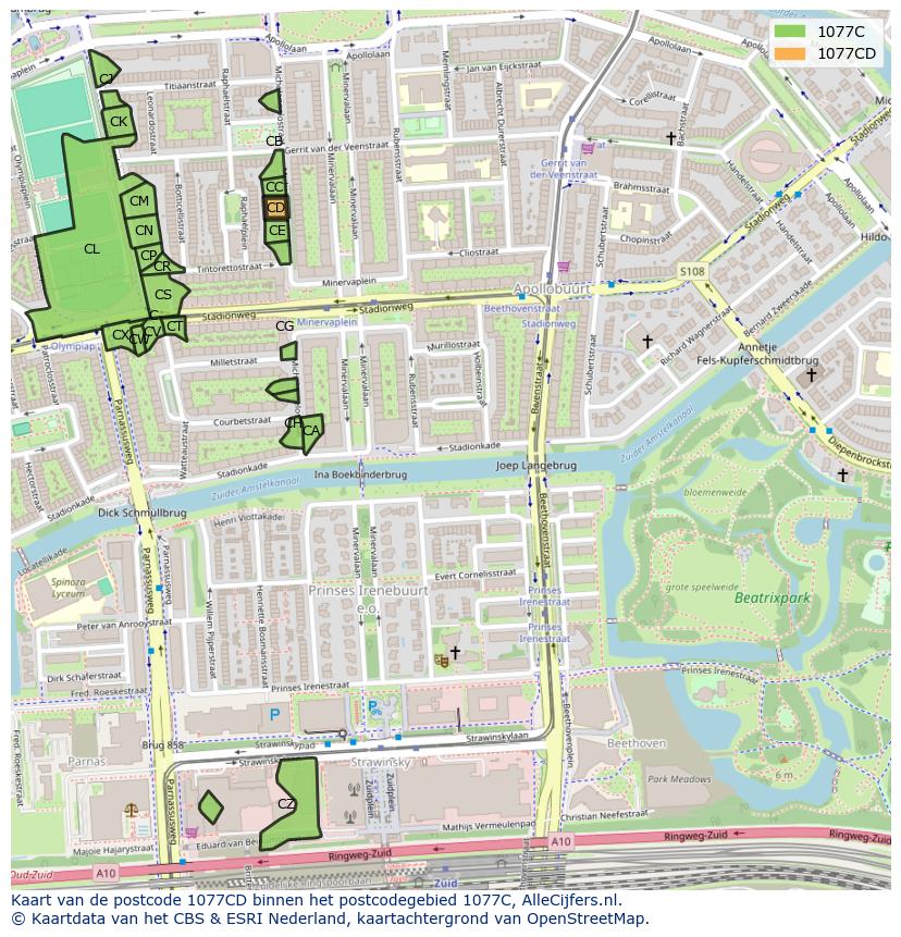 Afbeelding van het postcodegebied 1077 CD op de kaart.