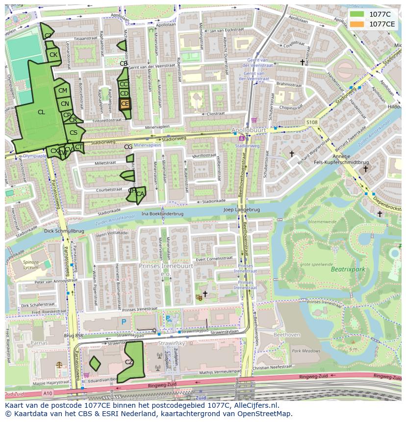 Afbeelding van het postcodegebied 1077 CE op de kaart.
