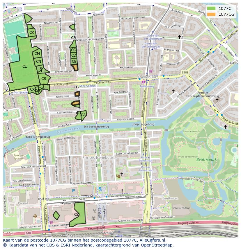 Afbeelding van het postcodegebied 1077 CG op de kaart.