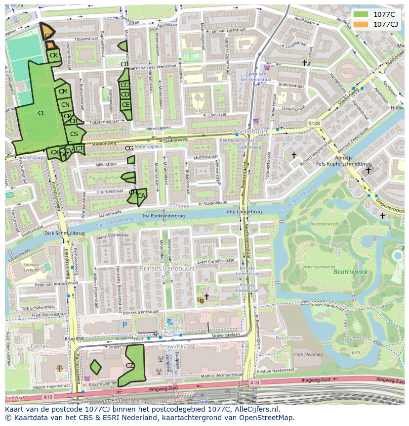 Afbeelding van het postcodegebied 1077 CJ op de kaart.