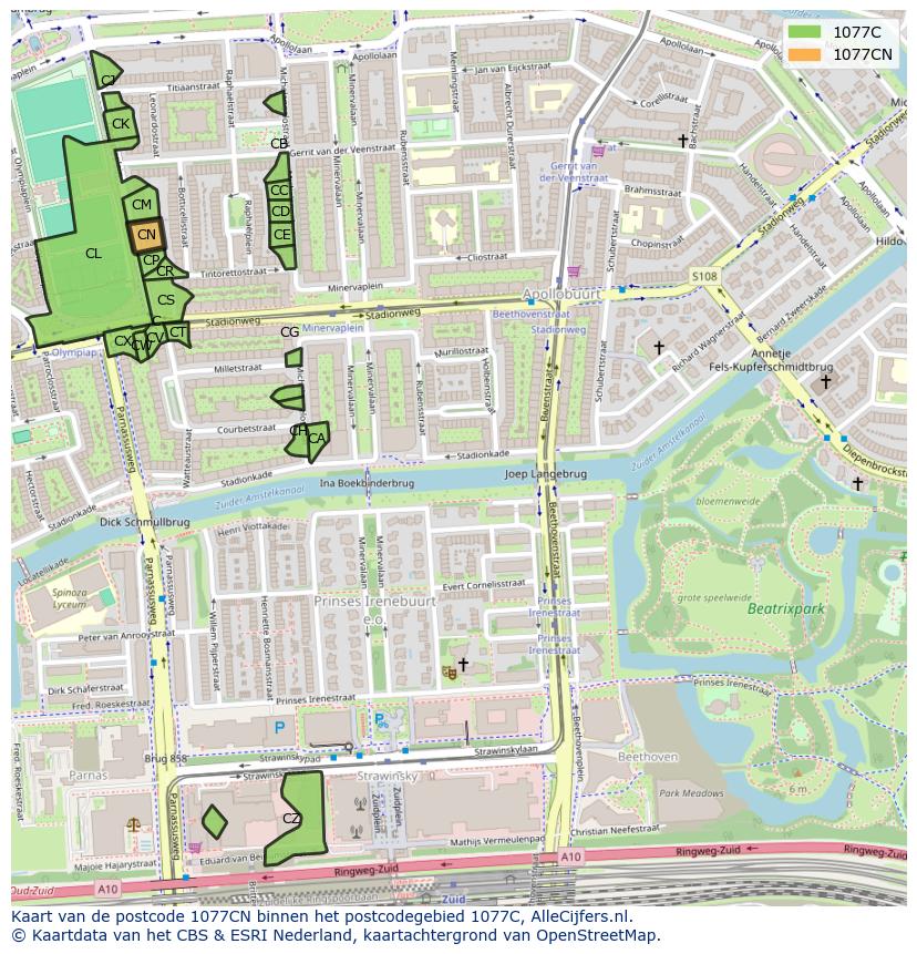 Afbeelding van het postcodegebied 1077 CN op de kaart.