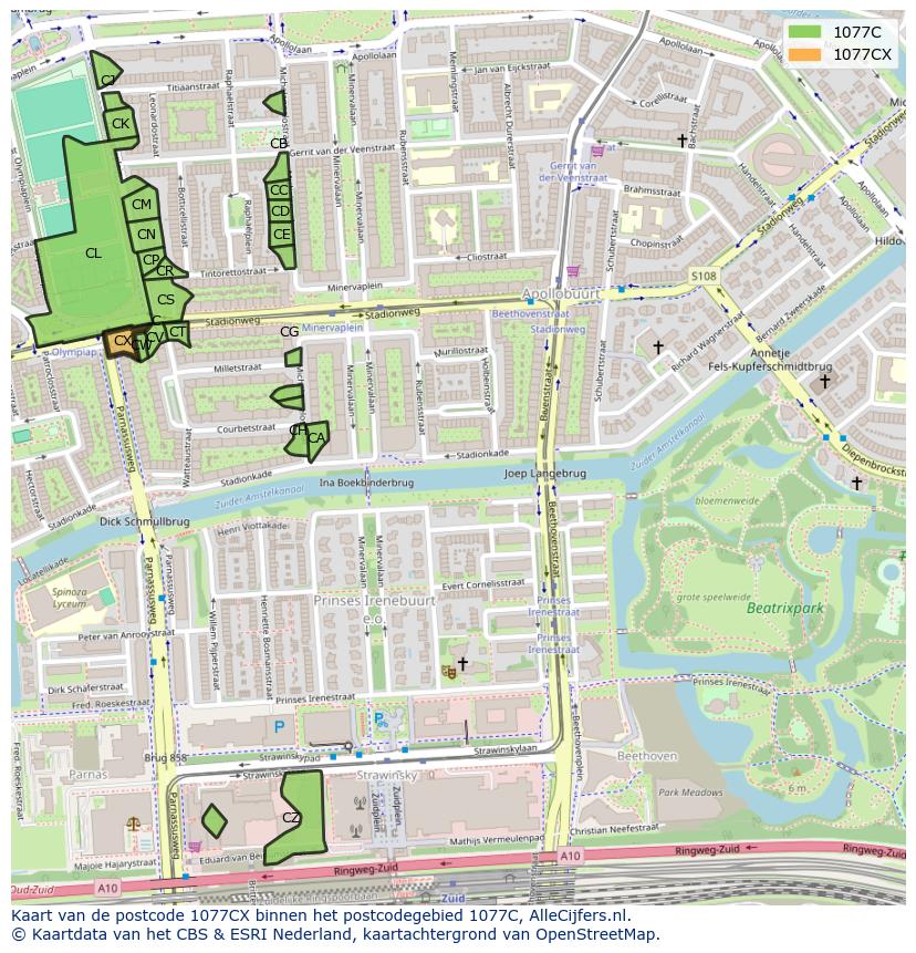 Afbeelding van het postcodegebied 1077 CX op de kaart.