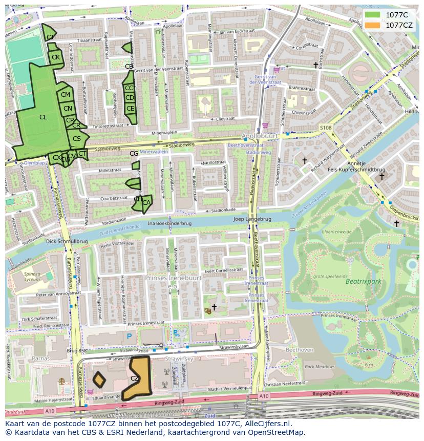 Afbeelding van het postcodegebied 1077 CZ op de kaart.