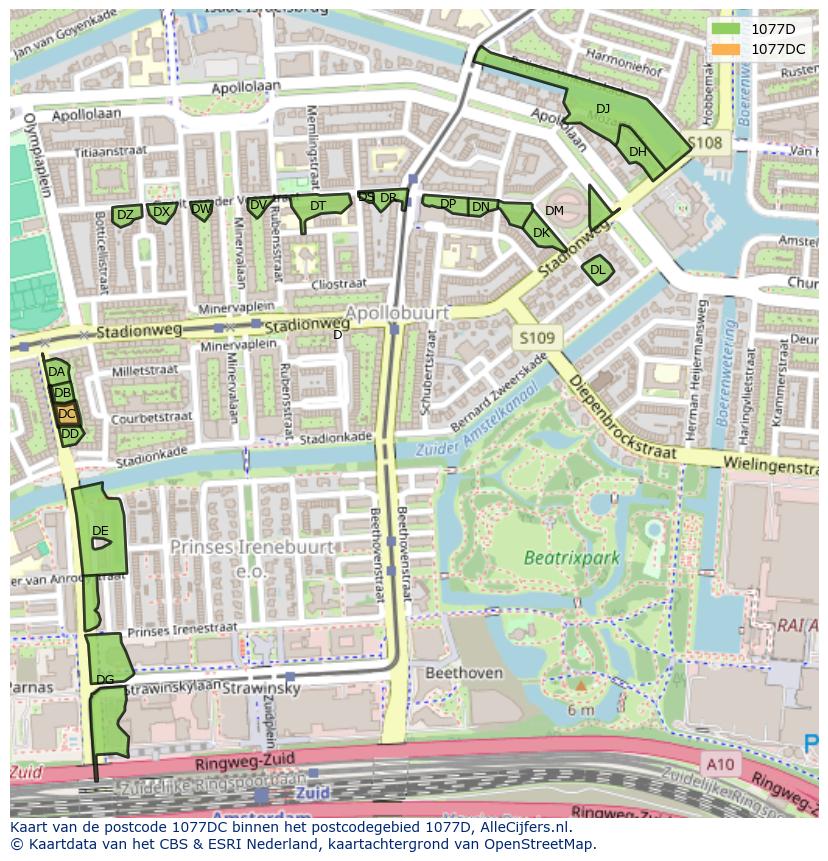 Afbeelding van het postcodegebied 1077 DC op de kaart.