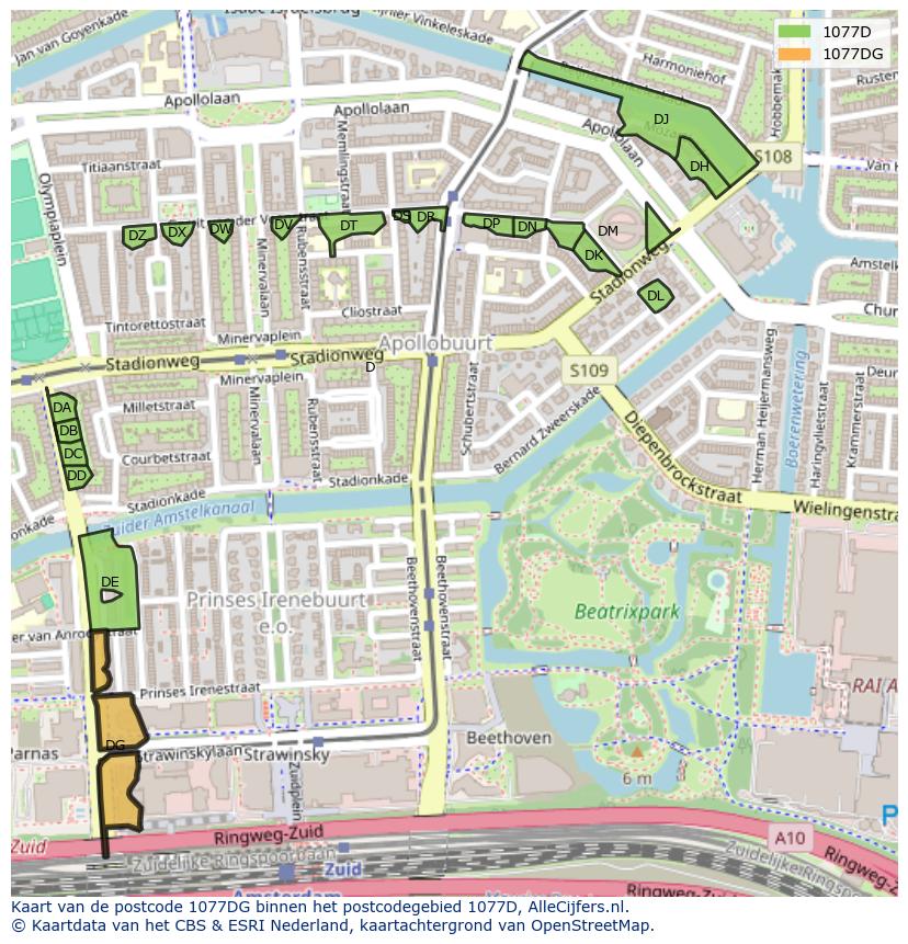 Afbeelding van het postcodegebied 1077 DG op de kaart.