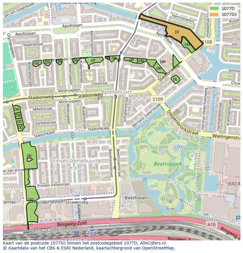 Afbeelding van het postcodegebied 1077 DJ op de kaart.