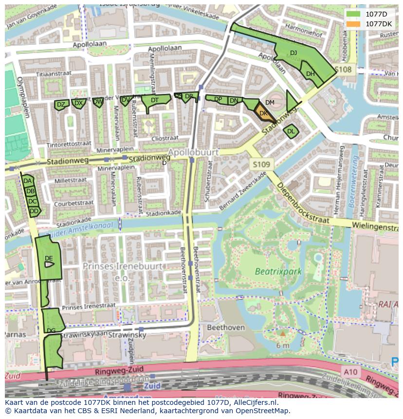 Afbeelding van het postcodegebied 1077 DK op de kaart.