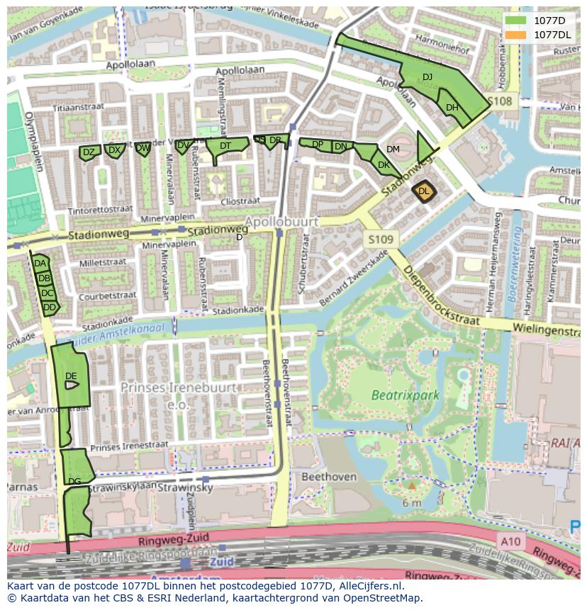 Afbeelding van het postcodegebied 1077 DL op de kaart.