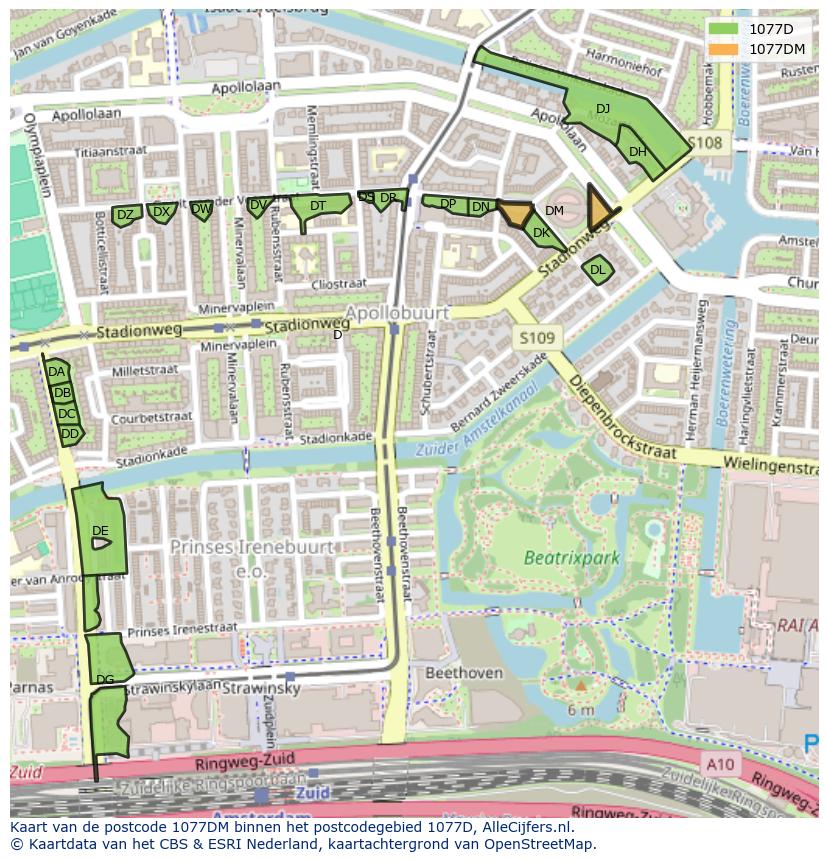 Afbeelding van het postcodegebied 1077 DM op de kaart.