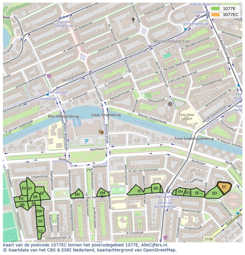 Afbeelding van het postcodegebied 1077 EC op de kaart.