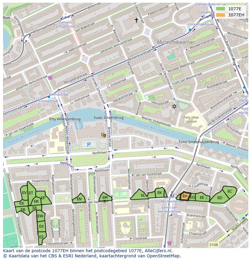 Afbeelding van het postcodegebied 1077 EH op de kaart.