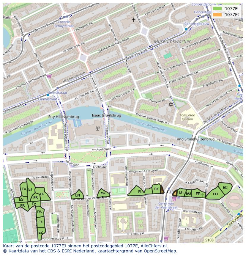 Afbeelding van het postcodegebied 1077 EJ op de kaart.