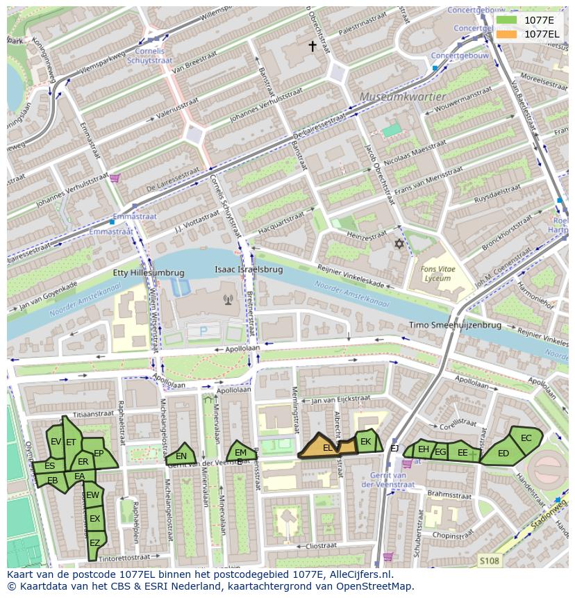 Afbeelding van het postcodegebied 1077 EL op de kaart.