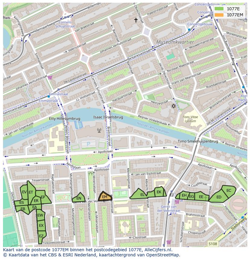 Afbeelding van het postcodegebied 1077 EM op de kaart.