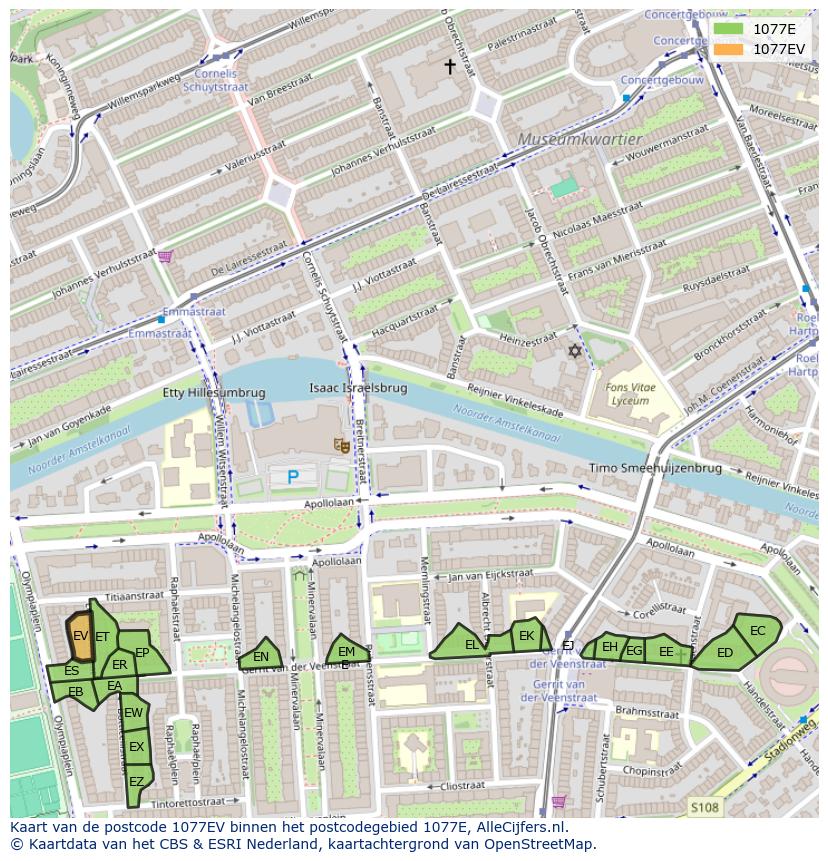 Afbeelding van het postcodegebied 1077 EV op de kaart.