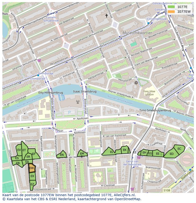 Afbeelding van het postcodegebied 1077 EW op de kaart.