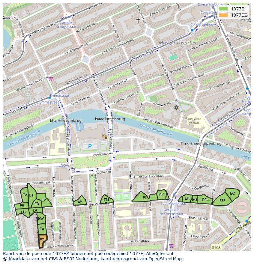 Afbeelding van het postcodegebied 1077 EZ op de kaart.