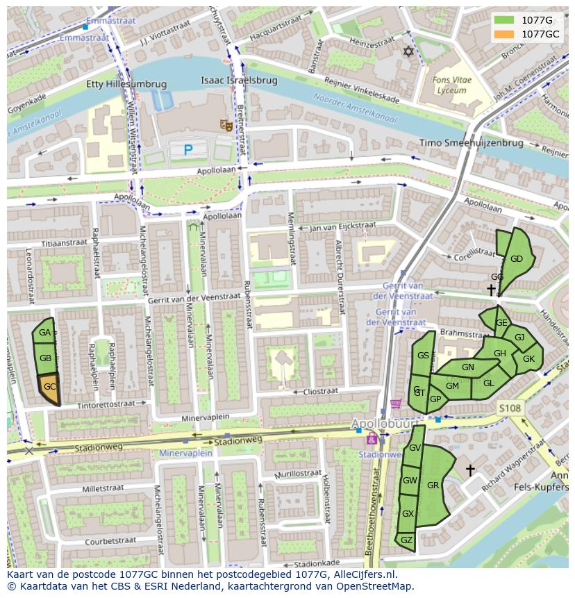 Afbeelding van het postcodegebied 1077 GC op de kaart.