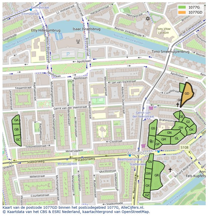 Afbeelding van het postcodegebied 1077 GD op de kaart.