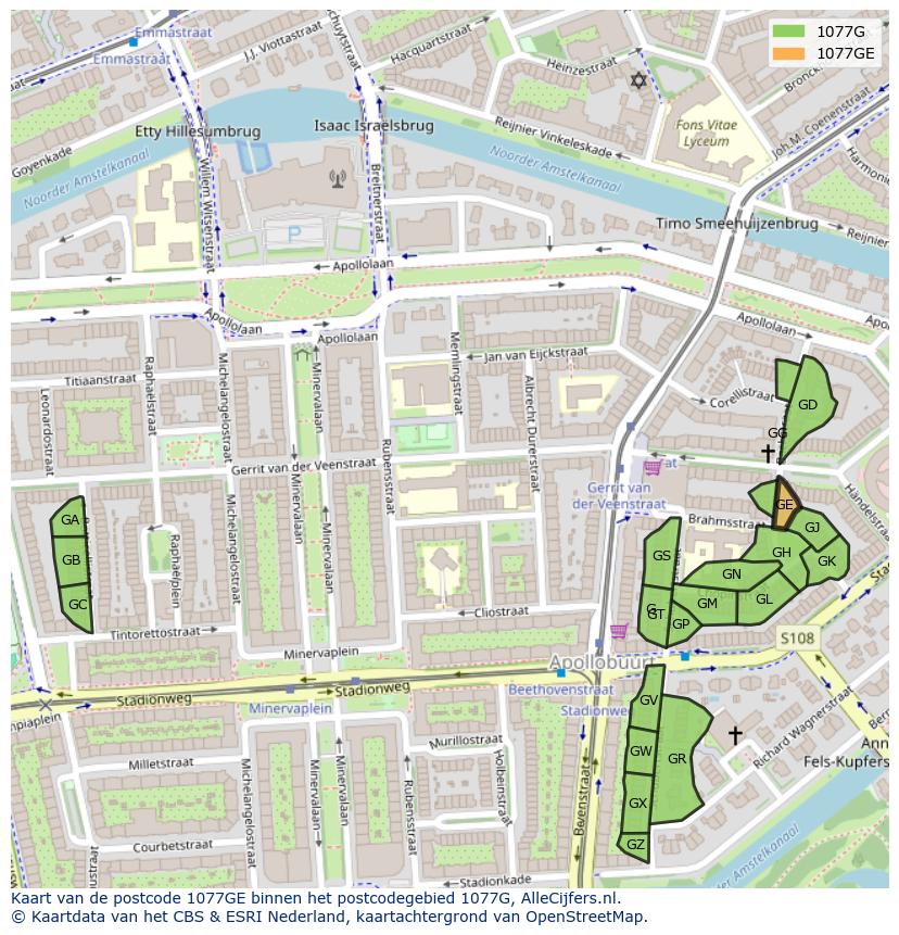 Afbeelding van het postcodegebied 1077 GE op de kaart.