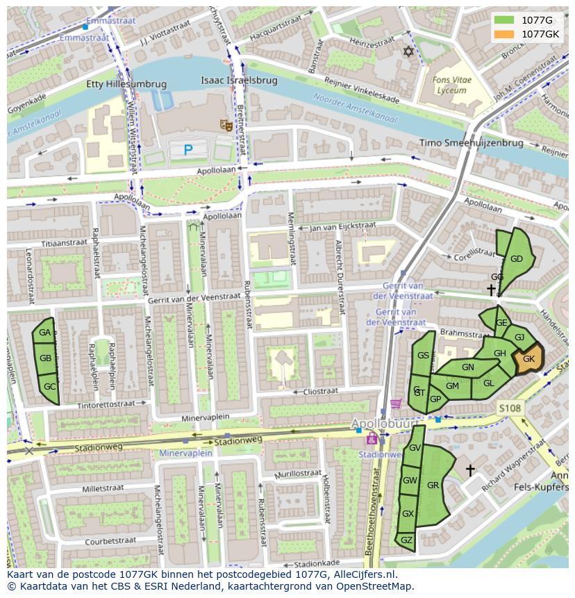 Afbeelding van het postcodegebied 1077 GK op de kaart.