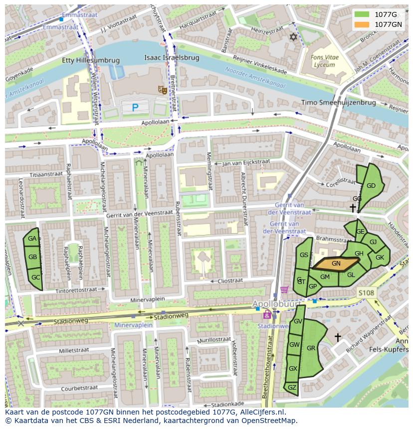 Afbeelding van het postcodegebied 1077 GN op de kaart.