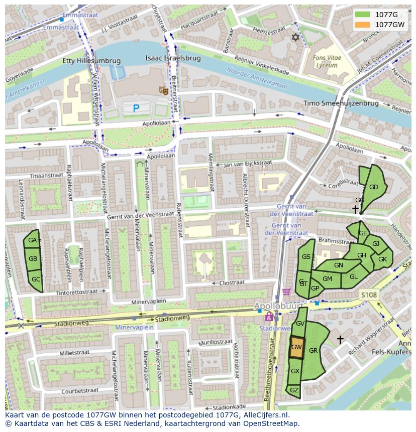Afbeelding van het postcodegebied 1077 GW op de kaart.