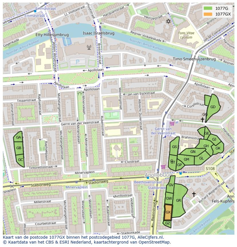 Afbeelding van het postcodegebied 1077 GX op de kaart.