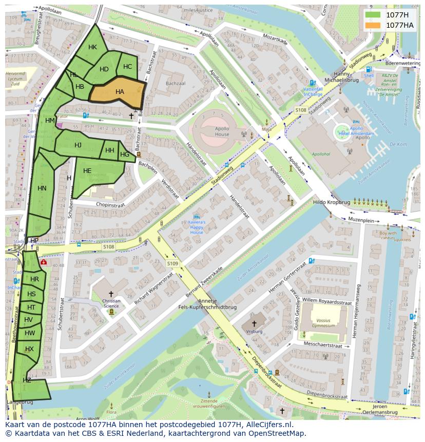 Afbeelding van het postcodegebied 1077 HA op de kaart.