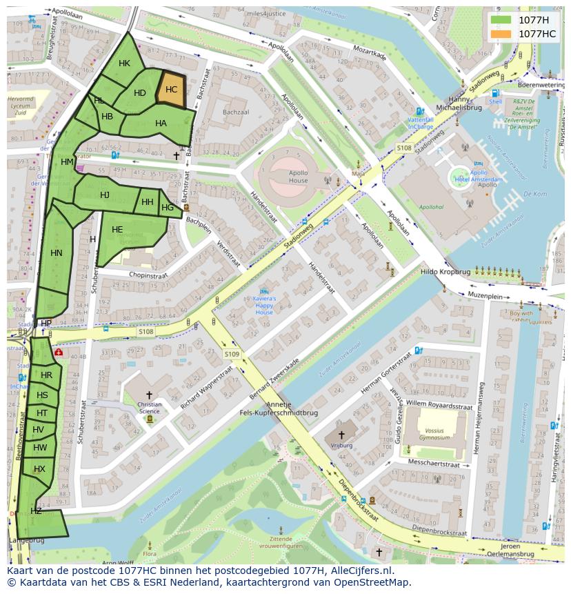 Afbeelding van het postcodegebied 1077 HC op de kaart.
