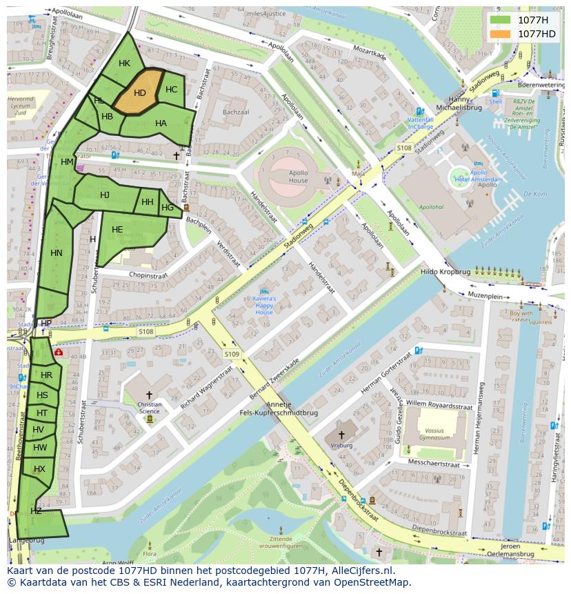 Afbeelding van het postcodegebied 1077 HD op de kaart.