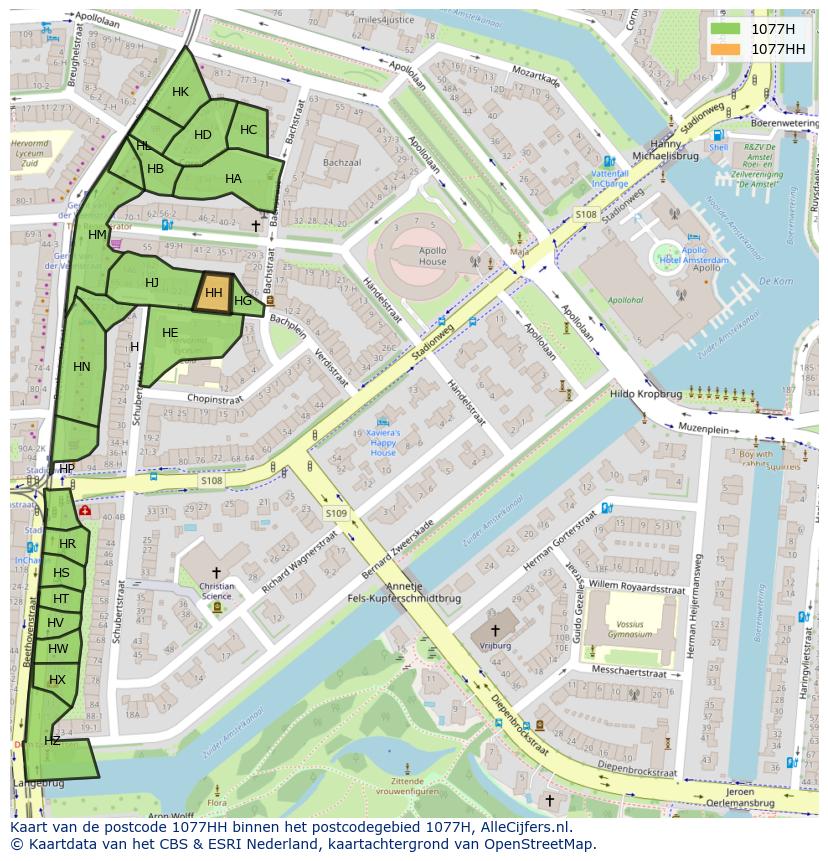 Afbeelding van het postcodegebied 1077 HH op de kaart.