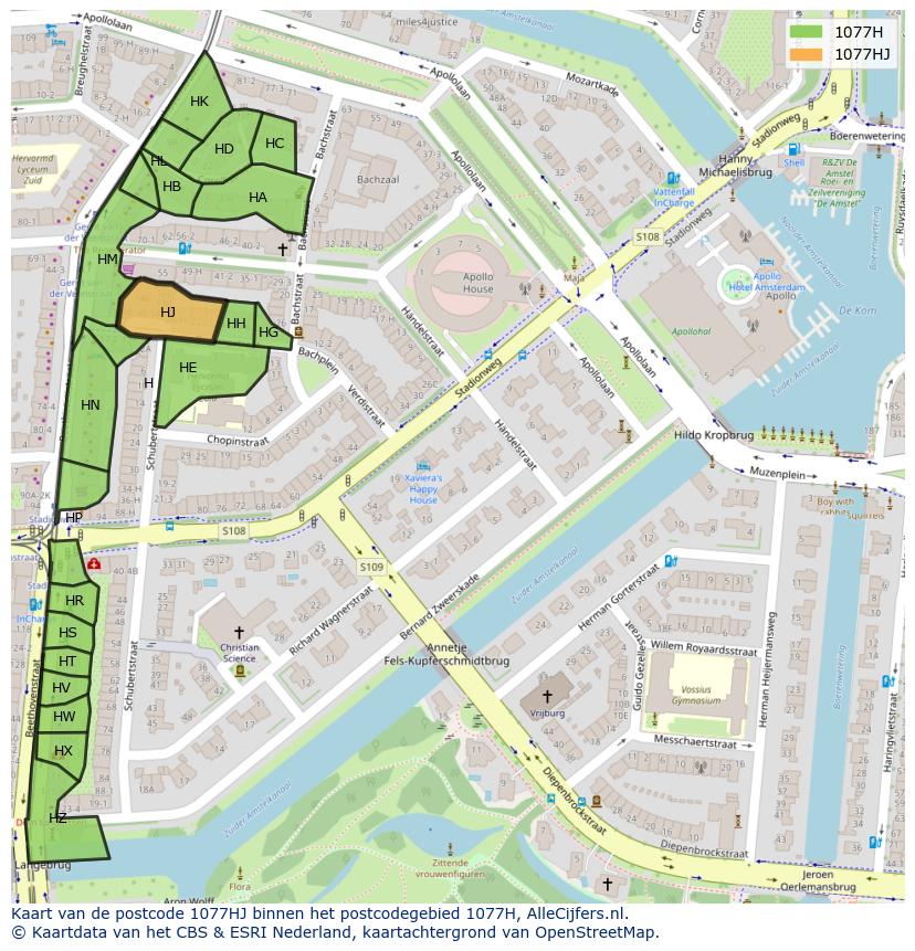 Afbeelding van het postcodegebied 1077 HJ op de kaart.
