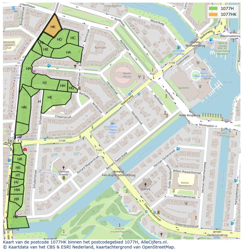 Afbeelding van het postcodegebied 1077 HK op de kaart.