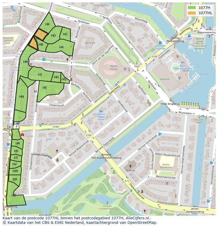 Afbeelding van het postcodegebied 1077 HL op de kaart.