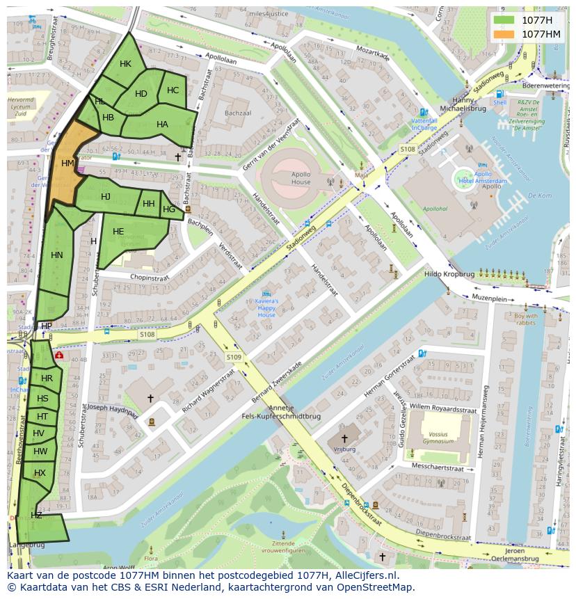 Afbeelding van het postcodegebied 1077 HM op de kaart.