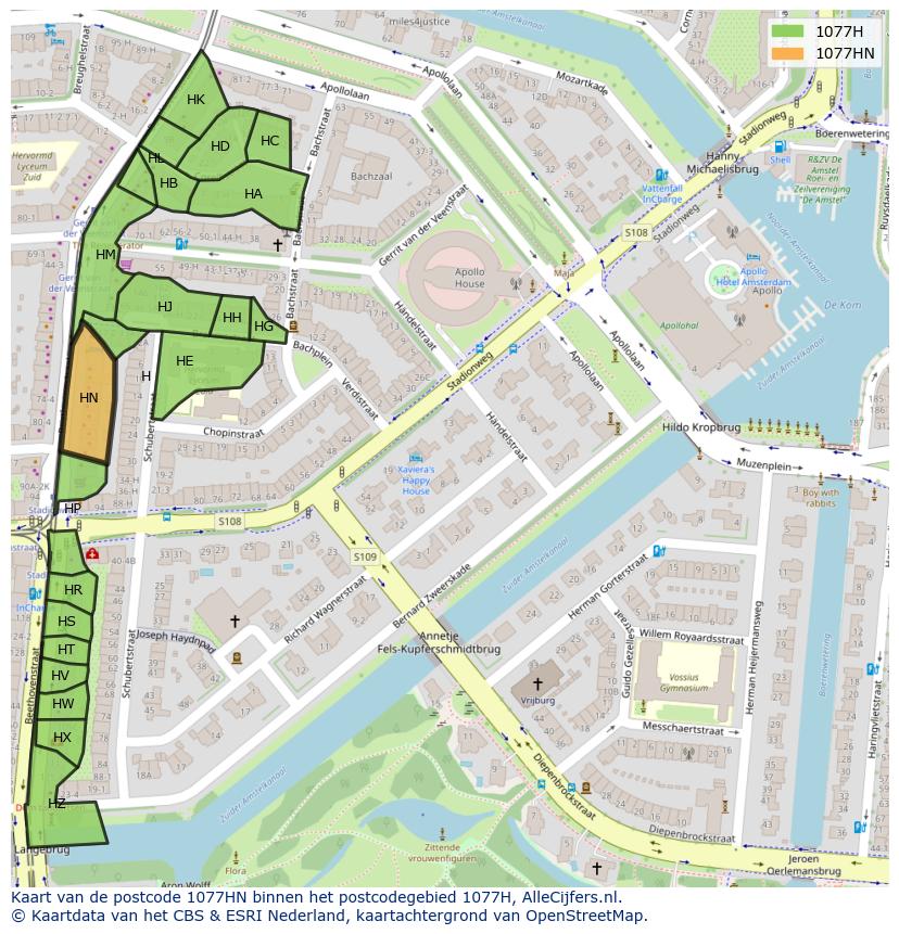 Afbeelding van het postcodegebied 1077 HN op de kaart.