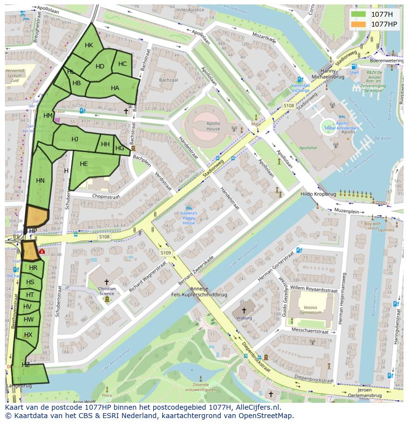 Afbeelding van het postcodegebied 1077 HP op de kaart.