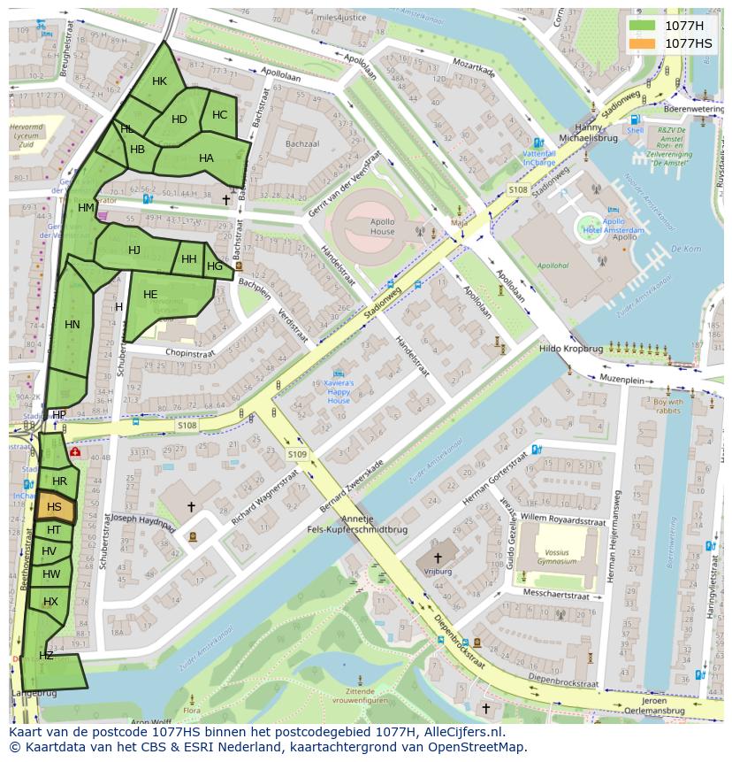 Afbeelding van het postcodegebied 1077 HS op de kaart.