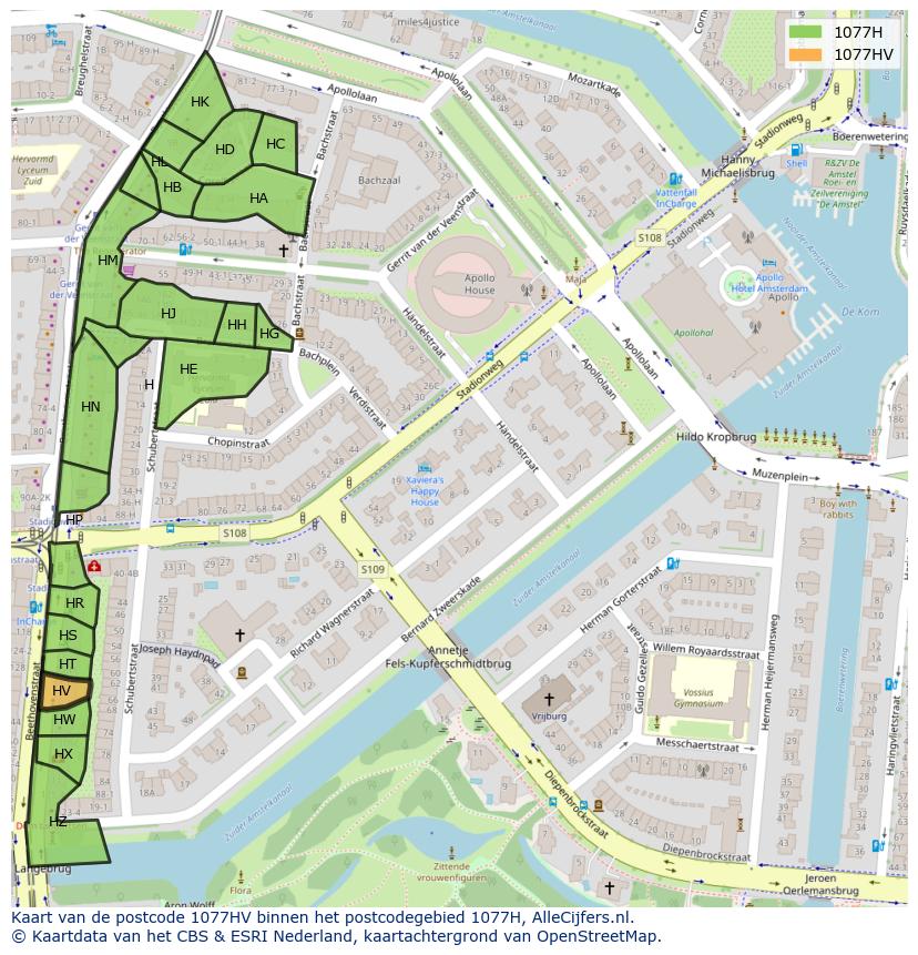 Afbeelding van het postcodegebied 1077 HV op de kaart.