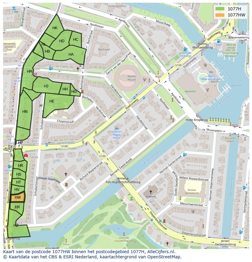 Afbeelding van het postcodegebied 1077 HW op de kaart.