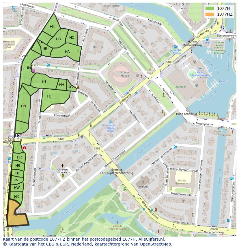 Afbeelding van het postcodegebied 1077 HZ op de kaart.